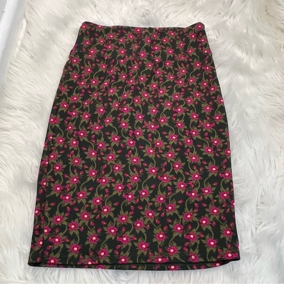 Lularoe Cassie Pencil Skirt Green Pink Floral - Picture 3 of 10